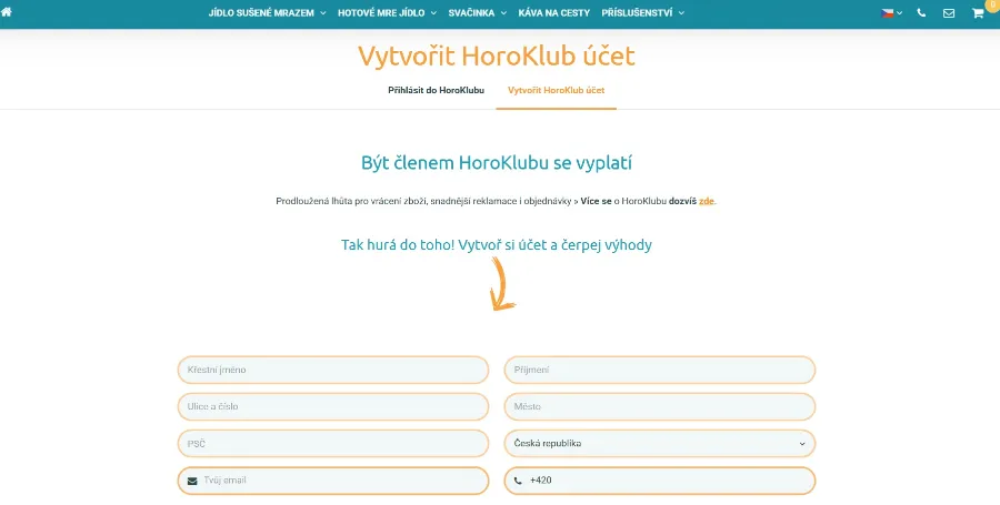 náhled stránky s registrací do horoklubu