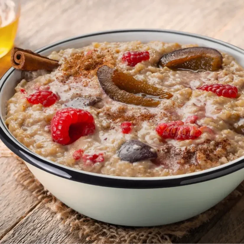 Adventure Menu Rice porridge with raspberries, plums and cinnamon