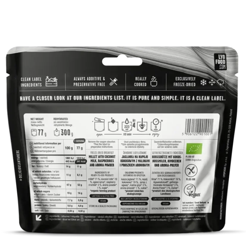 Lyofood Millet with coconut milk, raspberries and aronia powder