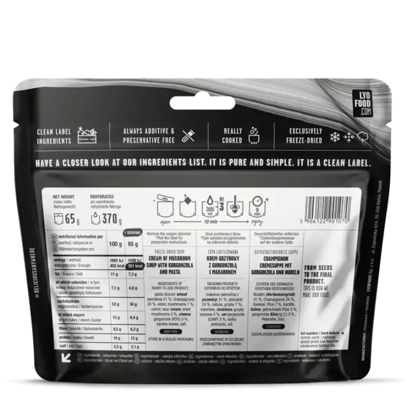 Lyofood Cream of mushroom soup with gorgonzola and pasta