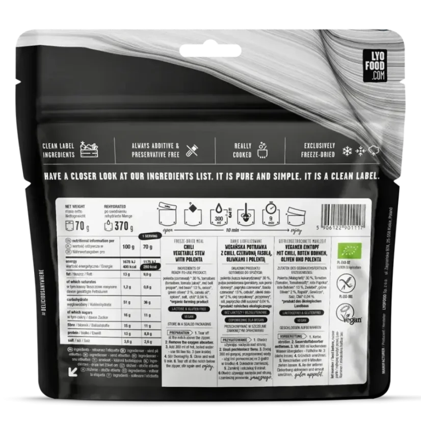 Lyofood Chili vegetable stew with polenta