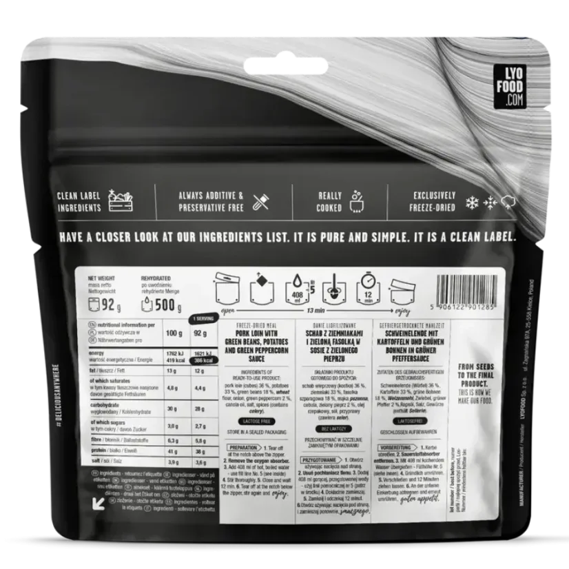 Lyofood Pork loin with green beans, potatoes and green peppercorn sauce