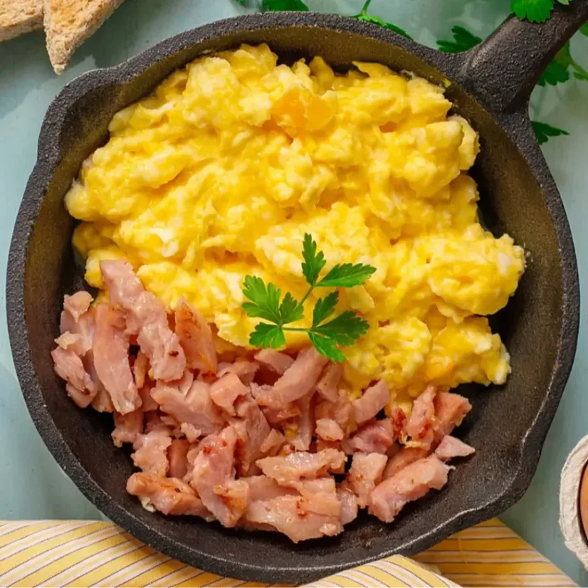 Adventure Menu Creamy scrambled eggs with ham and cheese