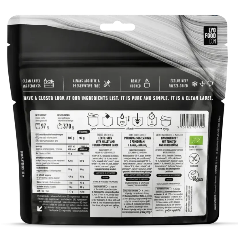 Lyofood Lentil stew with millet and tomato-coconut sauce