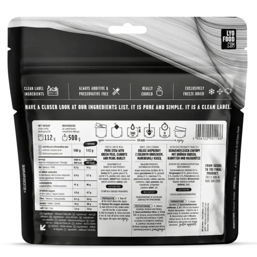 Lyofood Pork stew with green peas, carrots and pearl barley