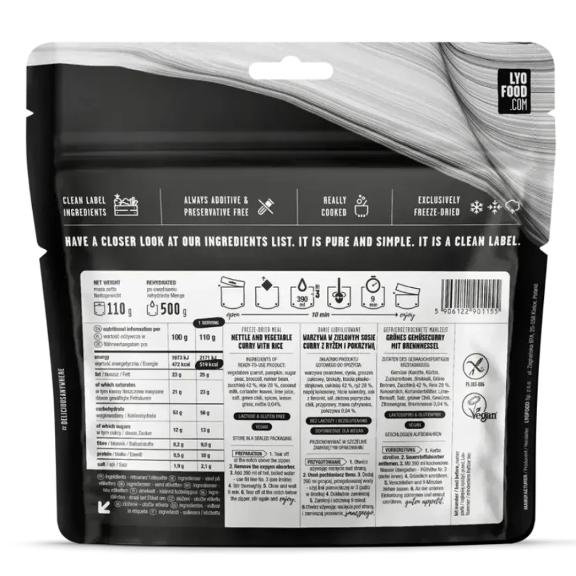 Lyofood Nettle and vegetable curry with rice