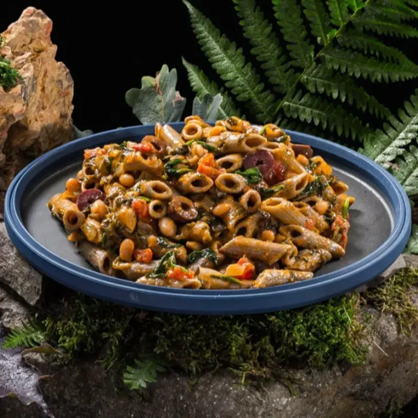 Adventure Menu & Sens Cricket protein penne in sauce with beans, spinach, and olives