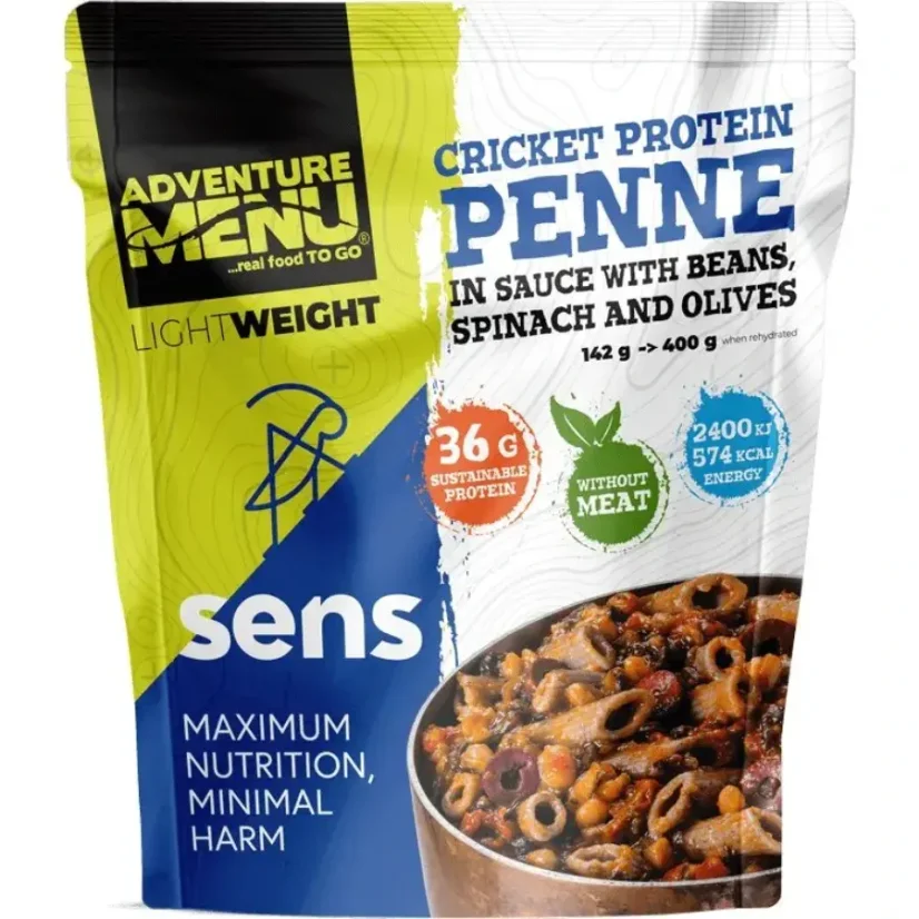 Adventure Menu & Sens Cvrččí proteinové penne v omáčce s fazolemi, špenátem a olivami