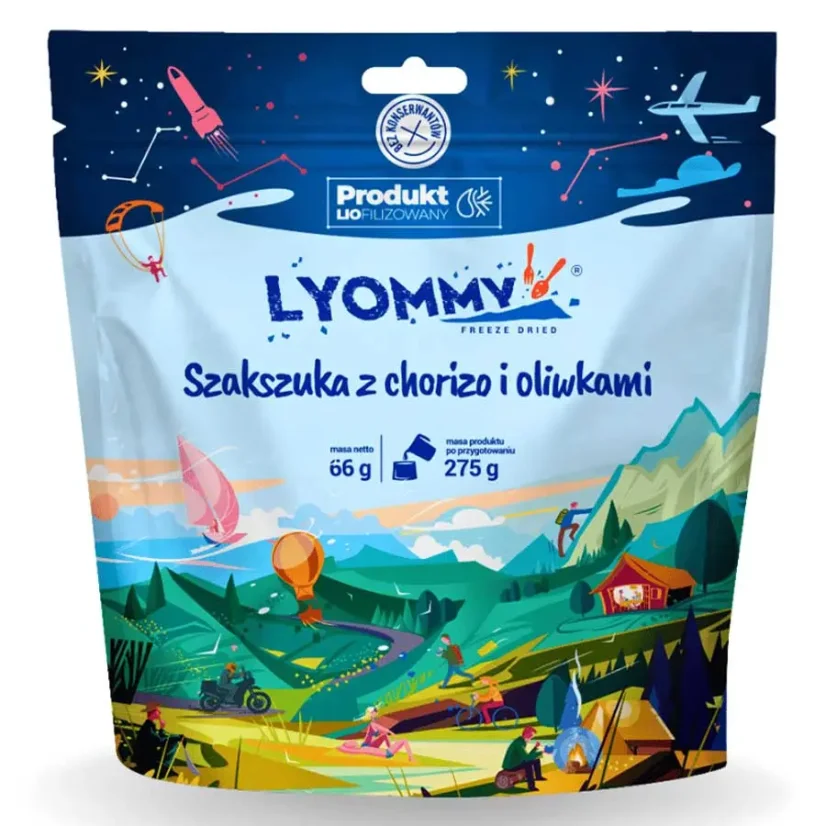 Lyommy Vejce shakshuka s rajčaty, chorizem a olivami