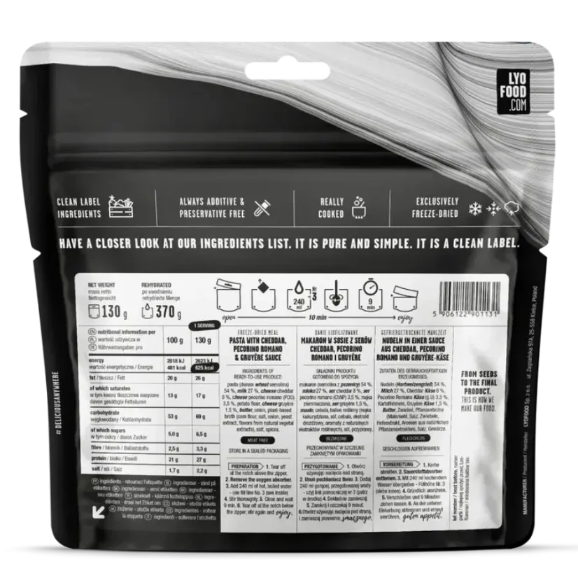 Lyofood Pasta with cheddar, pecorino romano & gruyère sauce