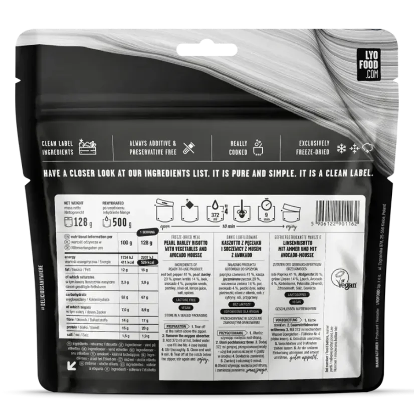 Lyofood Pearl barley risotto with vegetables and avocado mousse