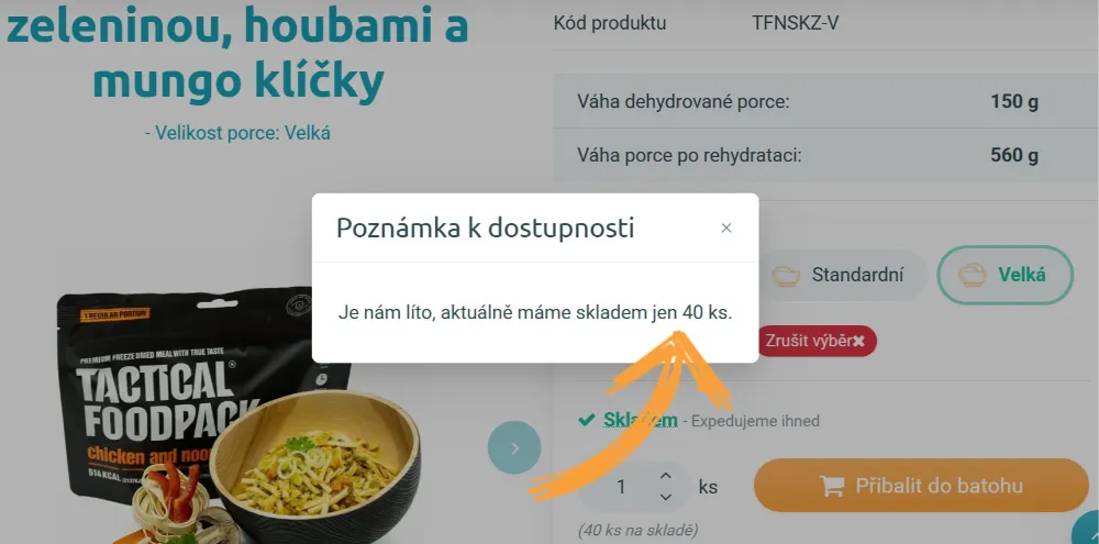 náhled vyskakovacího okna s informací o limitu skladových zásob