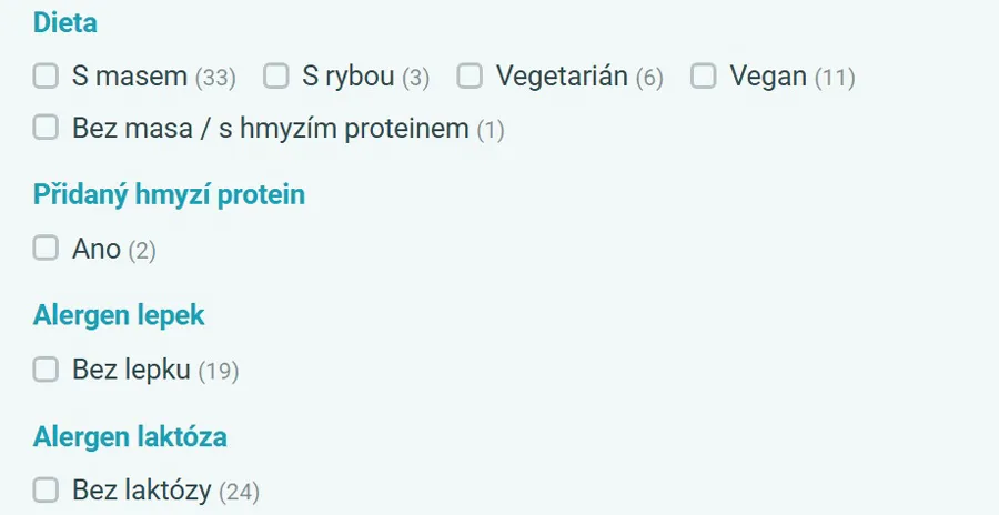náhled filtrů v kategorii produktů