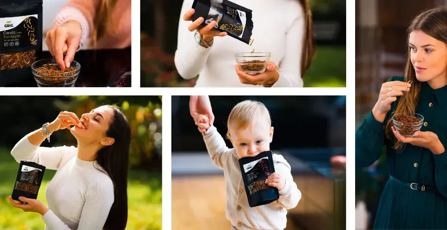 fotomontáž pěti obrázků, na kterých mladí lidé konzumují sušený jedlý hmyz