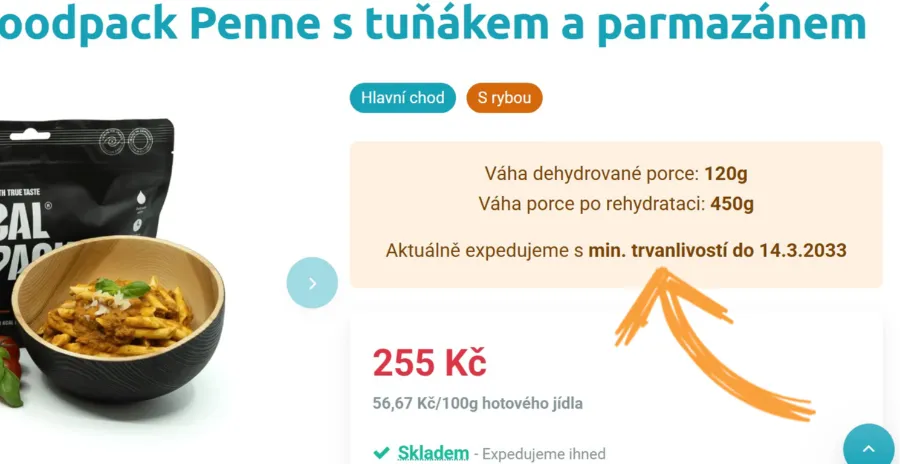 náhled detailu produktu s informací o datu minimální trvanlivosti jídla